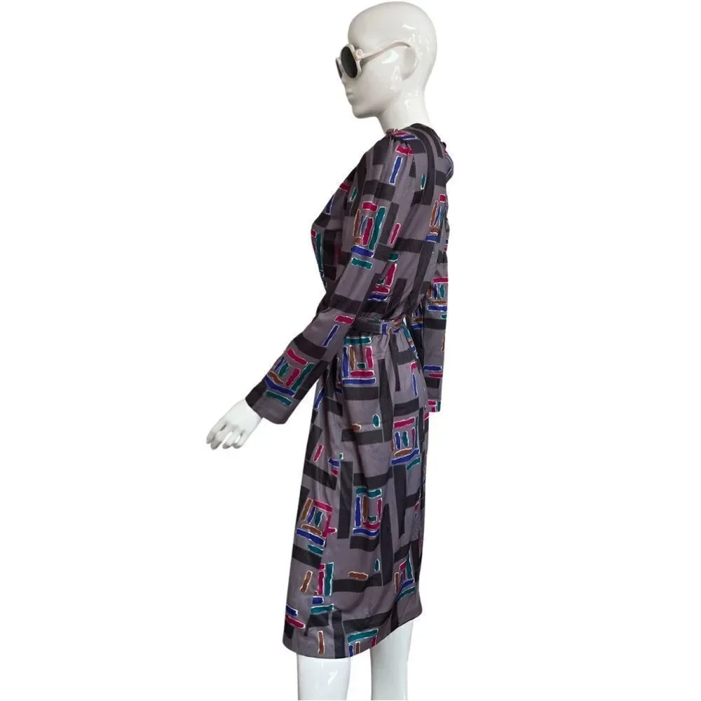 Vintage 1980s Geometric Rainbow Ruffle Neck Cinch Waist Belted Midi Dress